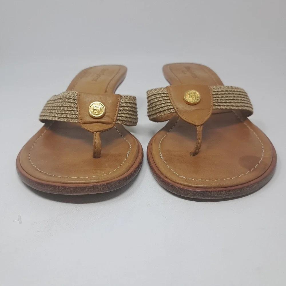Eric Javits Woven Tan Leather Logo Kitten Heel Dress Sandal Women Sz 7 N Italy